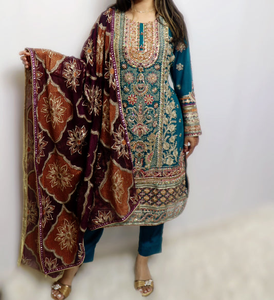 Teel green and purple party wear suit
