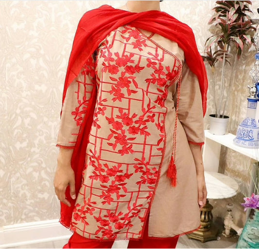 Cotton embroidered red salwar suit - Selina Habibti Attire