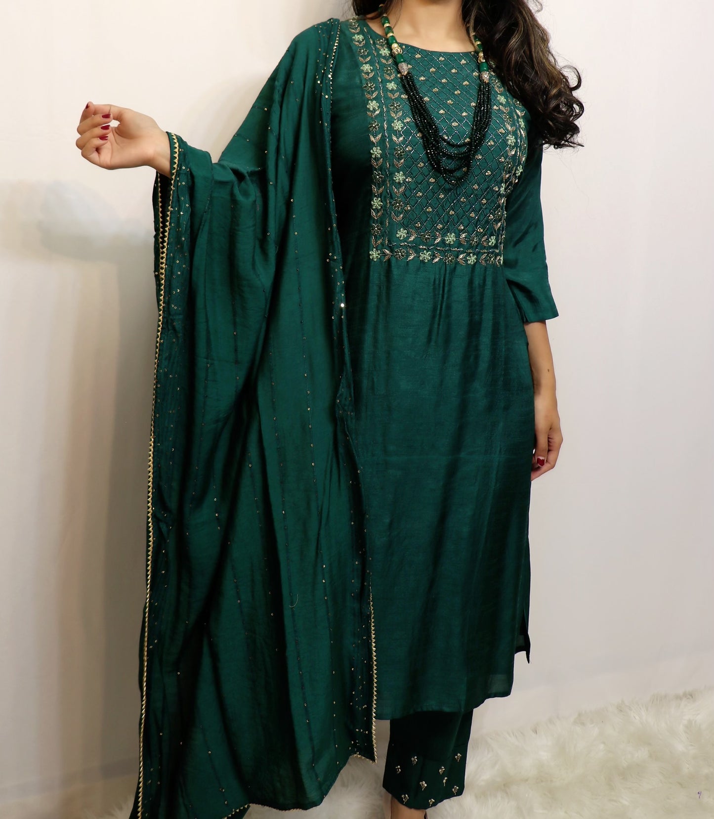 Deep emerald green silk three piece set
