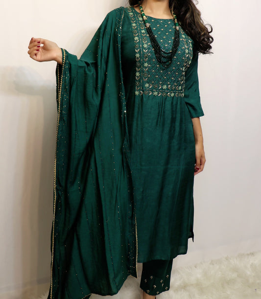 Deep emerald green silk three piece set
