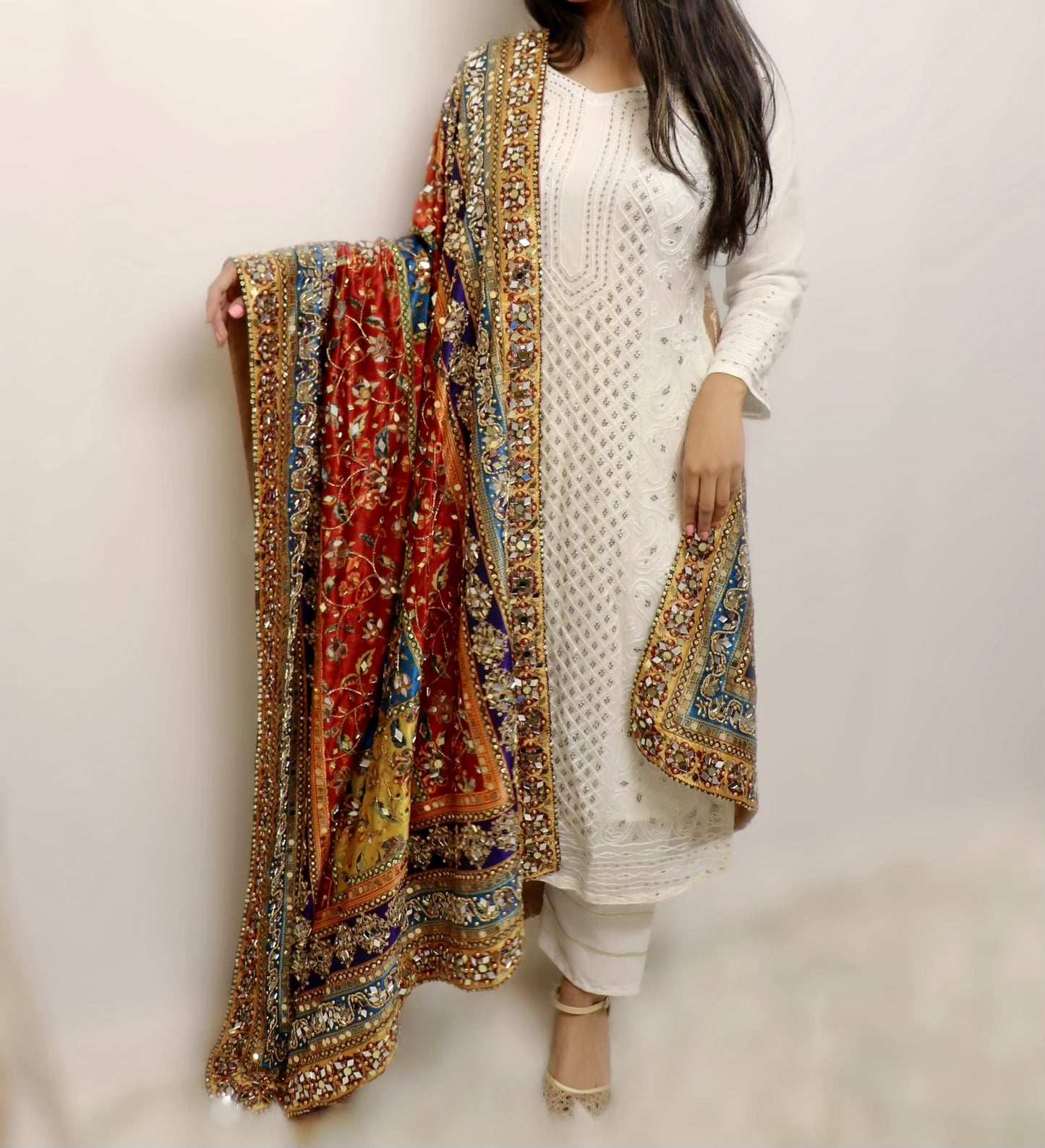 Heavy bead embroidered multi color mirror dupatta
