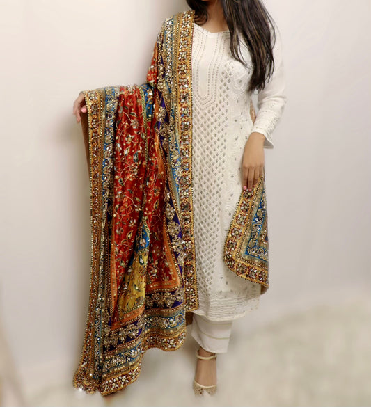 Heavy bead embroidered multi color mirror dupatta