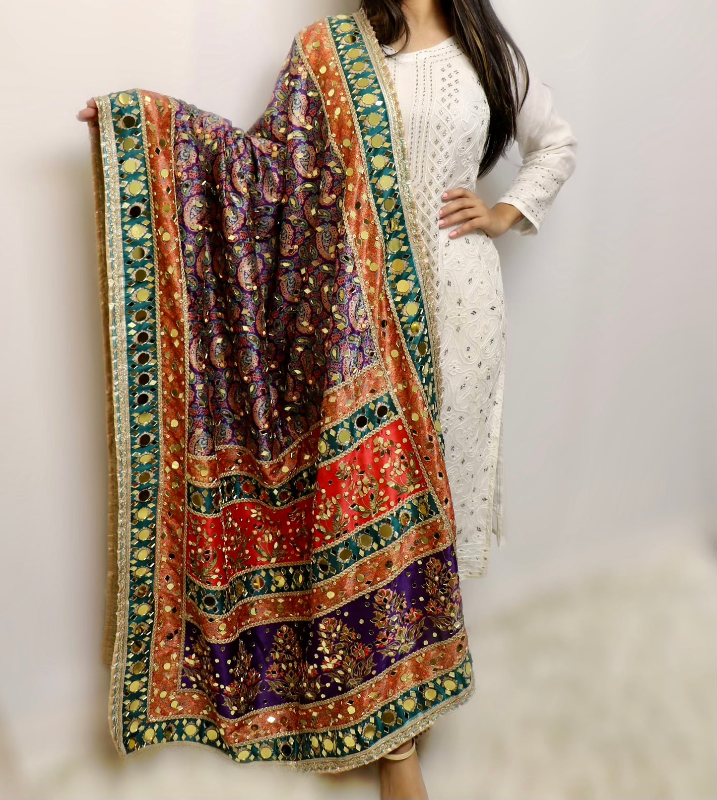 Raw silk large mirror multi color dupatta
