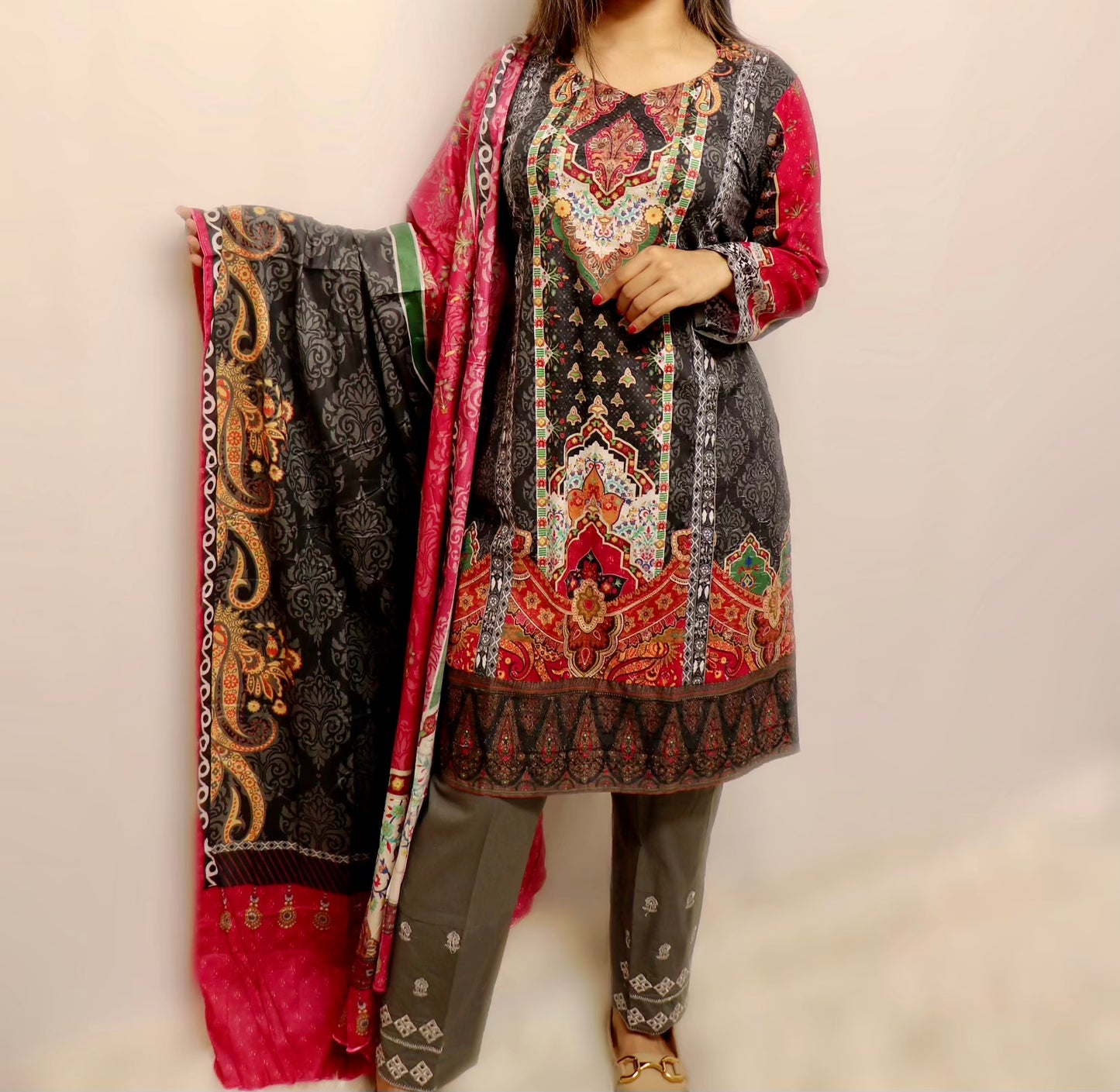 Grey and pink embroidered lawn suit