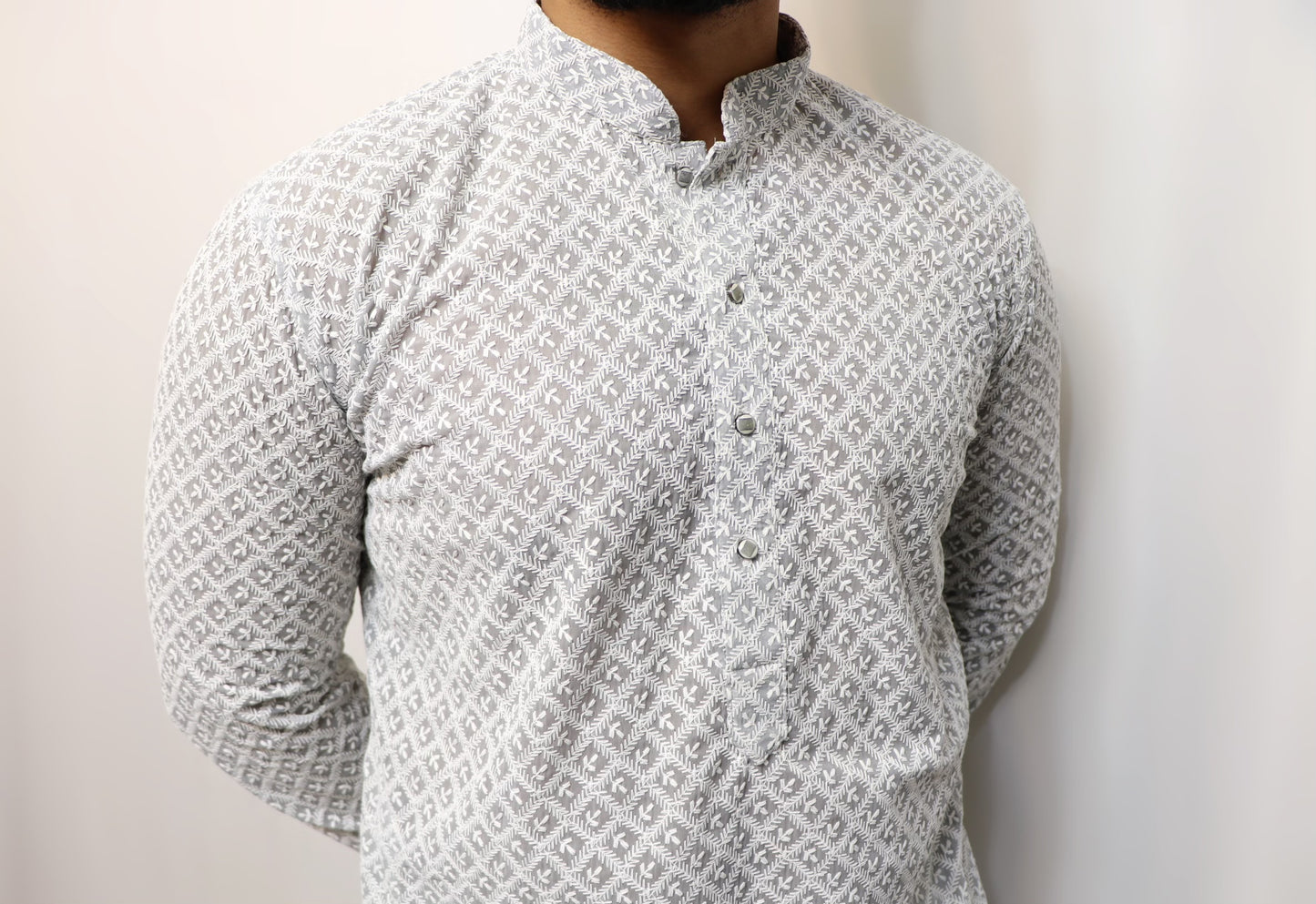 Light grey kurta set with white embroidered work