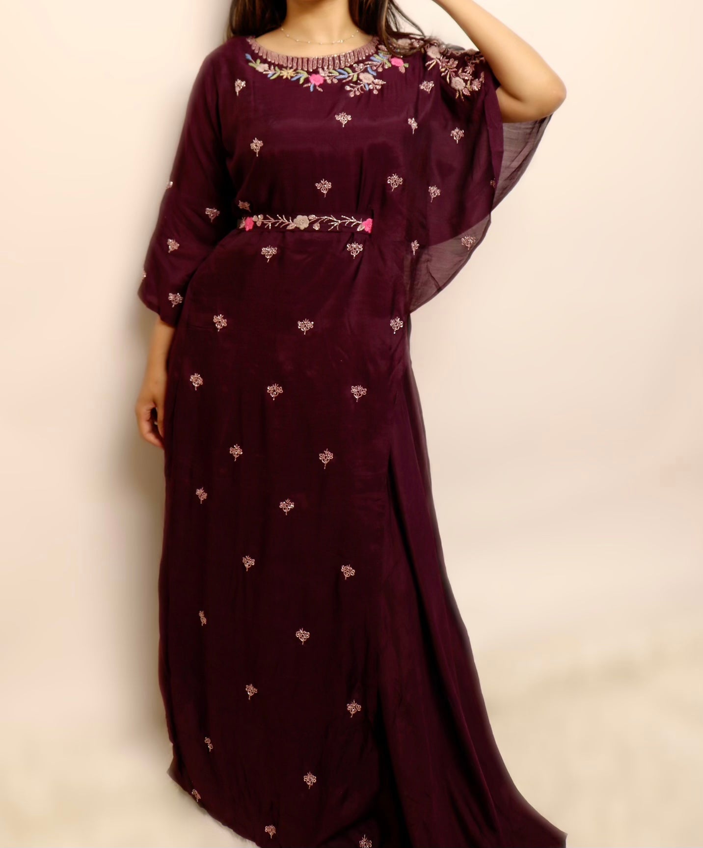 Deep purple belted layered gown