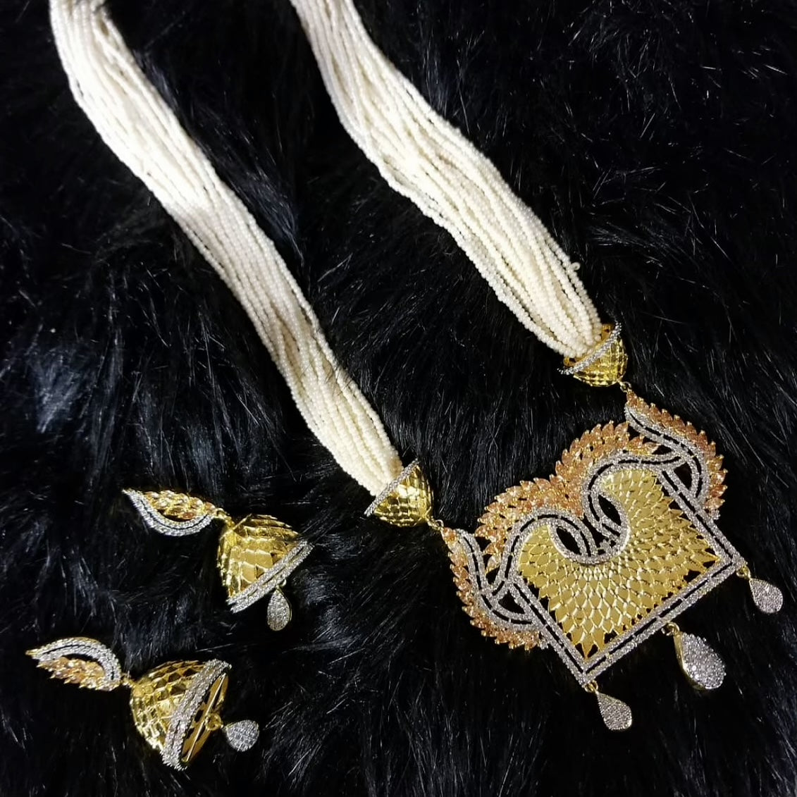 Gold plated long pearl necklace set - Selina Habibti Attire