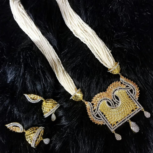 Gold plated long pearl necklace set - Selina Habibti Attire