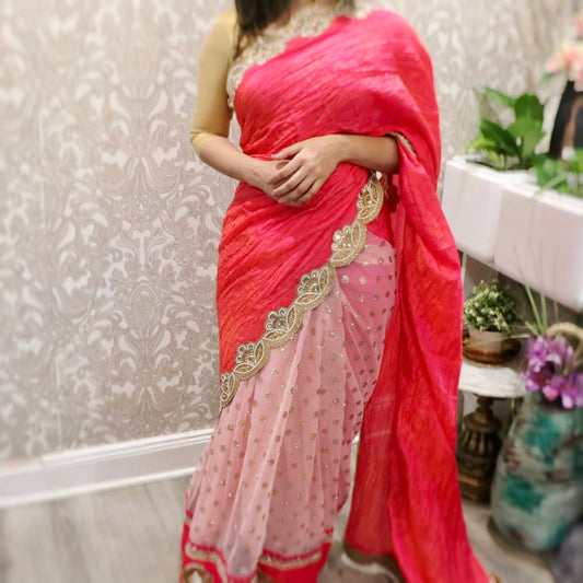 Half and half hot pink party saree - Selina Habibti Attire