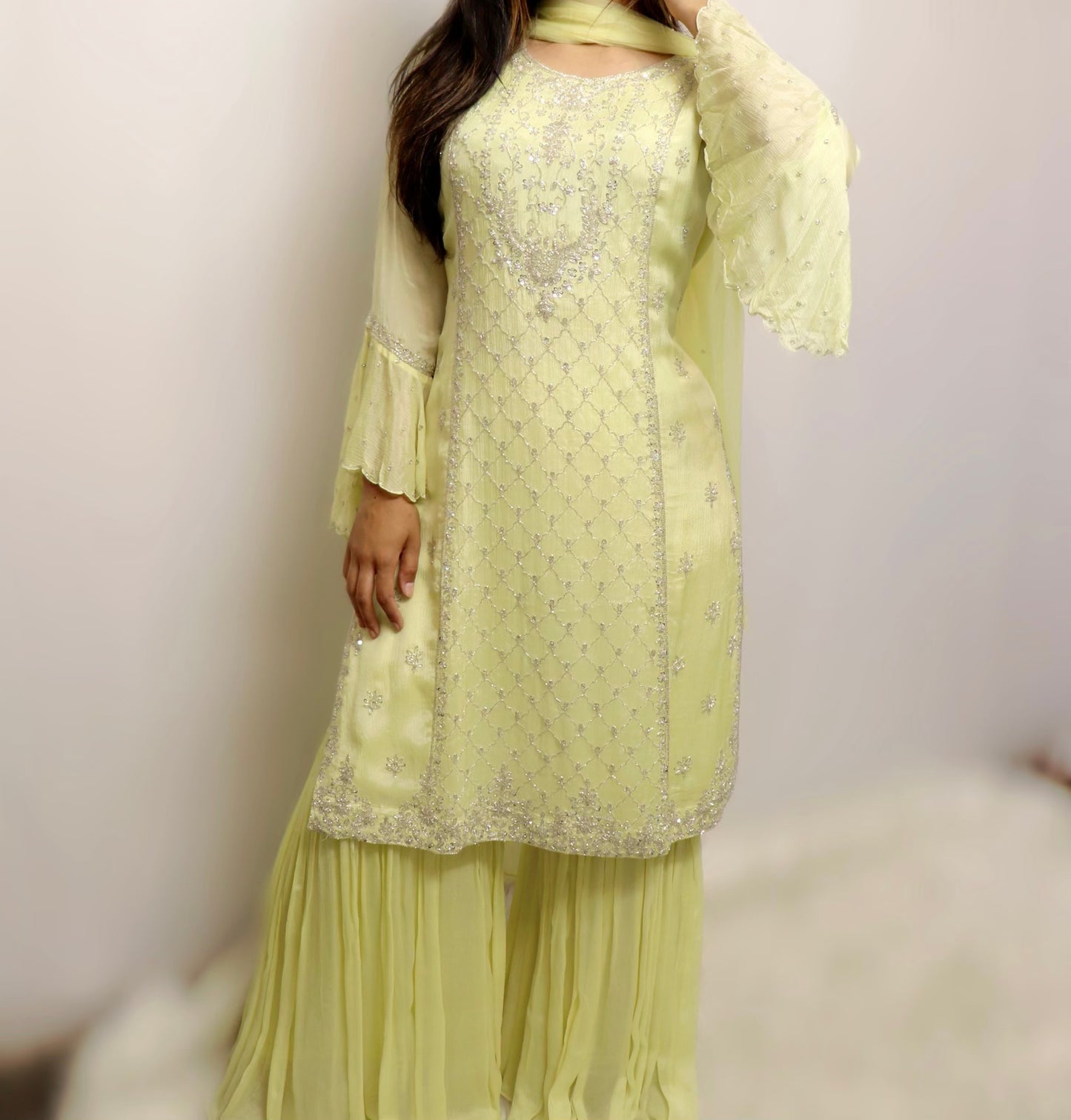 Yellow silver crepe silk gharara suit
