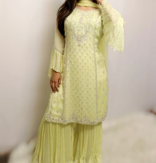 Yellow silver crepe silk gharara suit