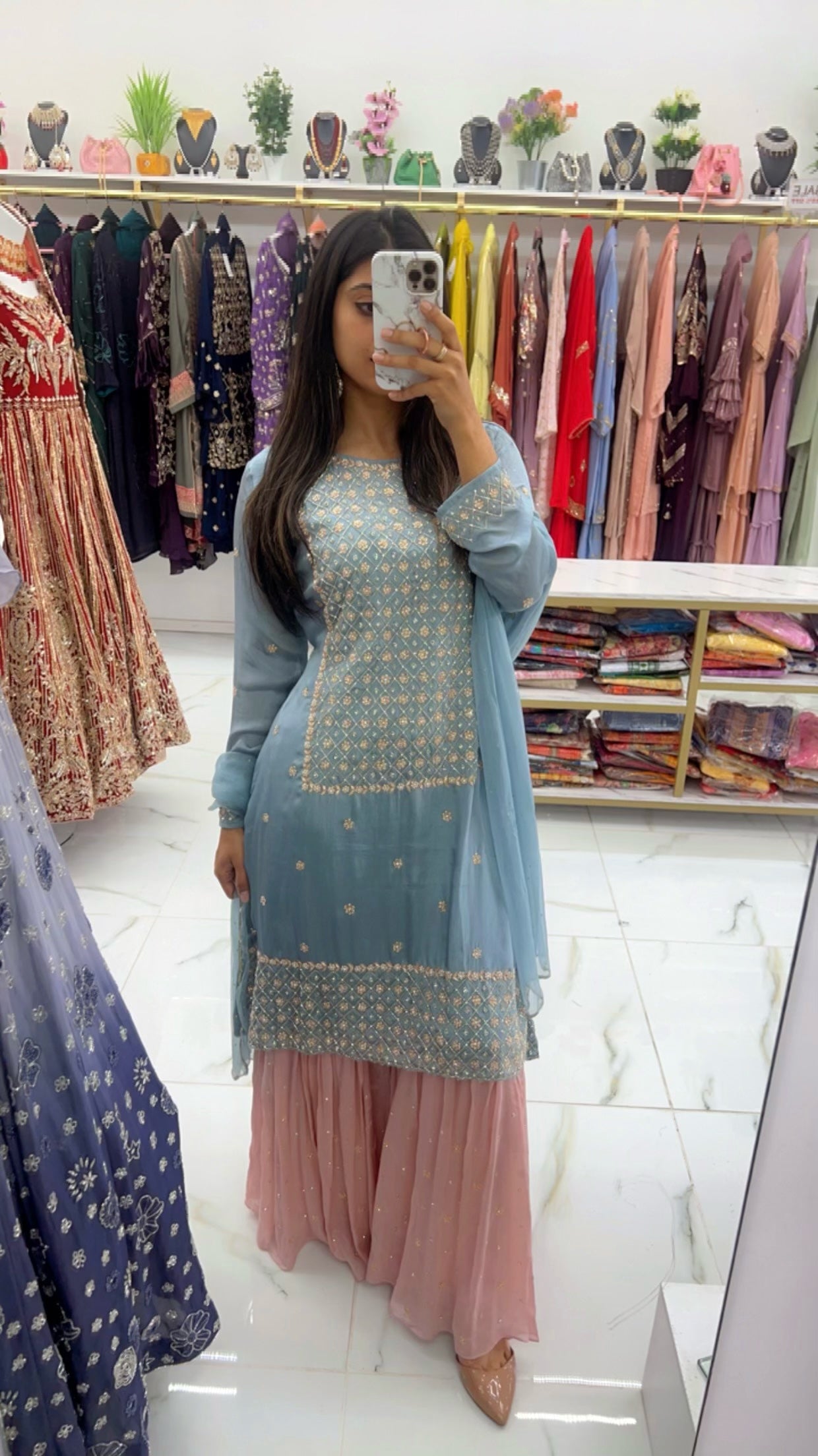 Chinon silk blue pink contrast suit