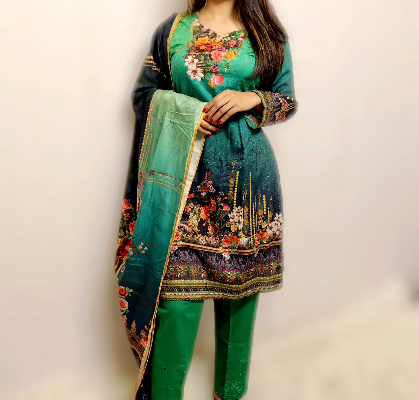 Green embroidery lawn suit