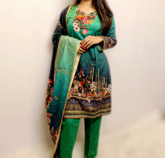 Green embroidery lawn suit