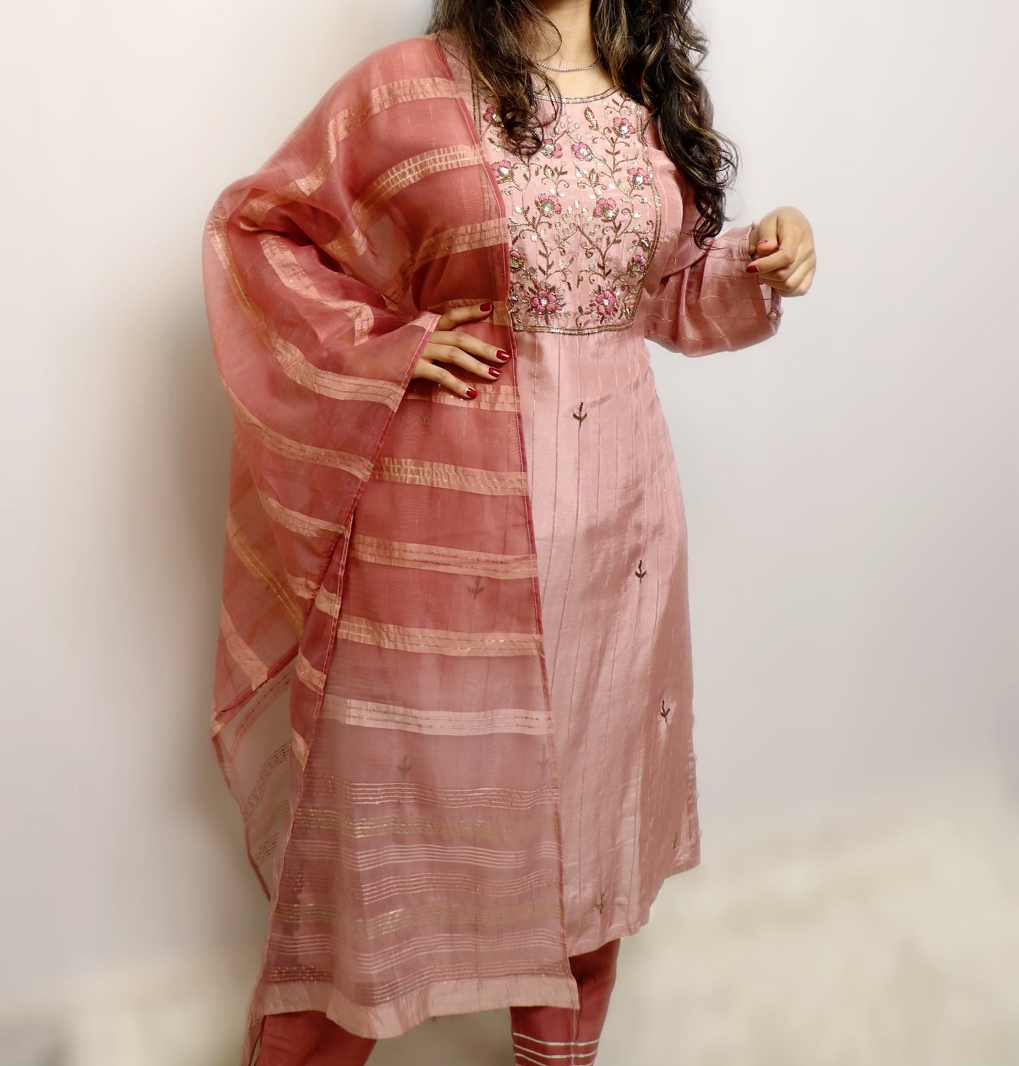 Muslin nude pink three piece with organza duppata