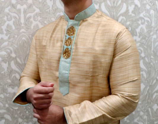 Soft raw silk mint collar Kurta - Selina Habibti Attire