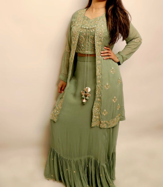 Olive green coat style designer lehenga