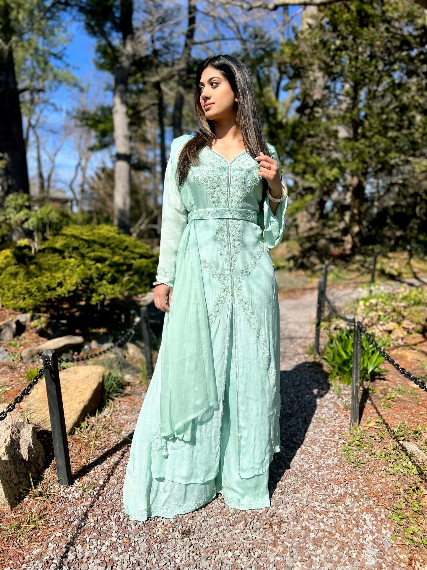 Light mint belted slit party suit