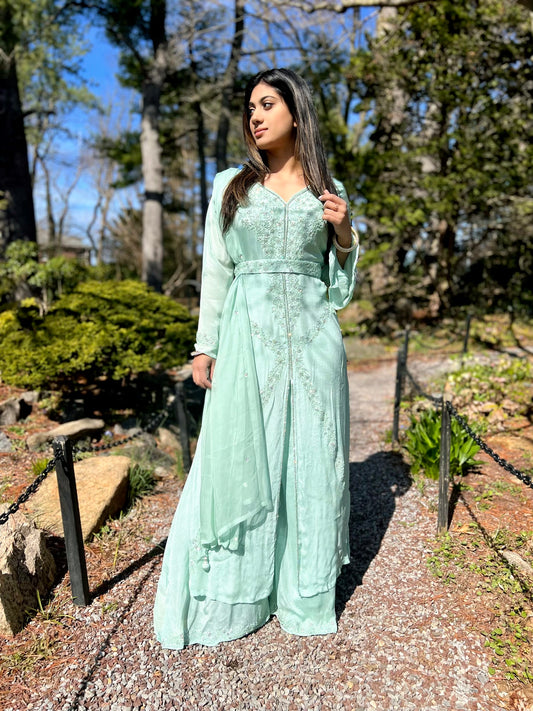 Light mint belted slit party suit