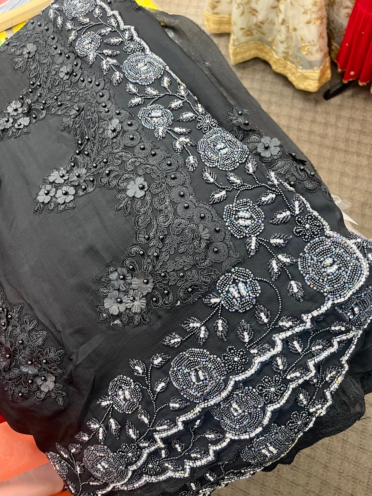 Black silk floral boutique crystal work saree