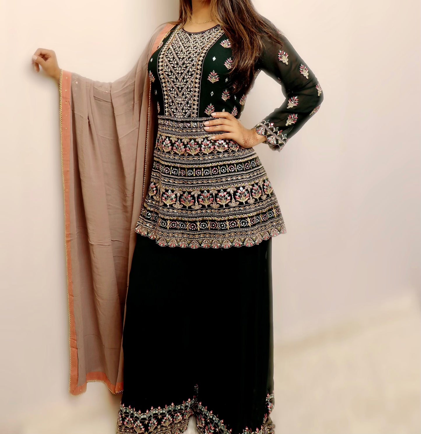 Green party wear short kameez suit