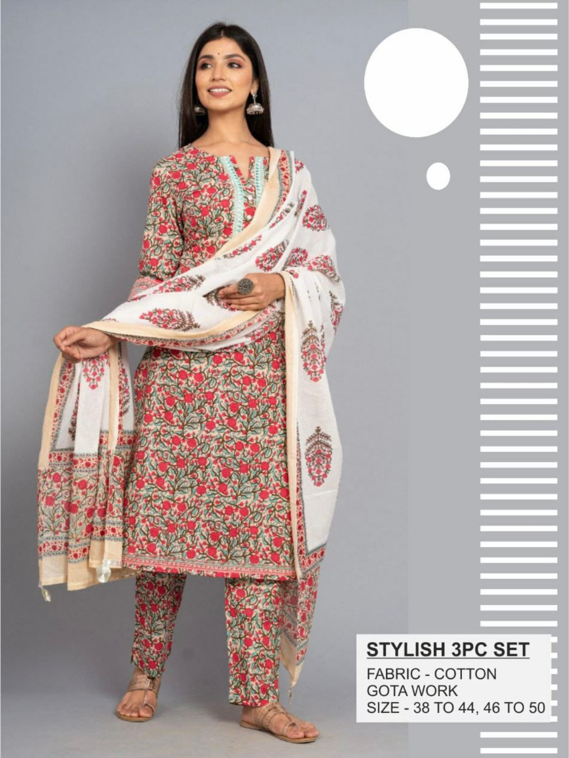 White and red floral cotton print three piece