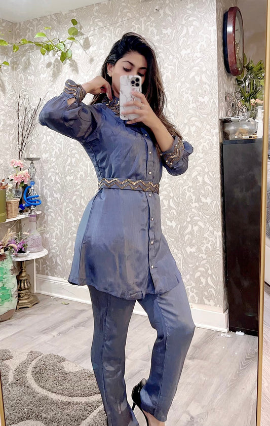 Crepe silk grey belted shirt pant set