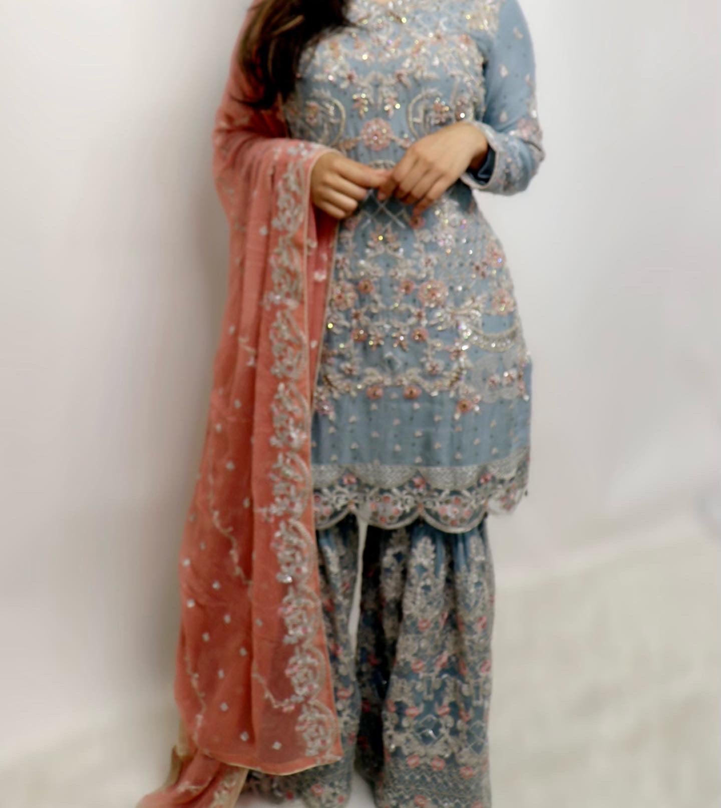 Blue & peach heavy gharara suit