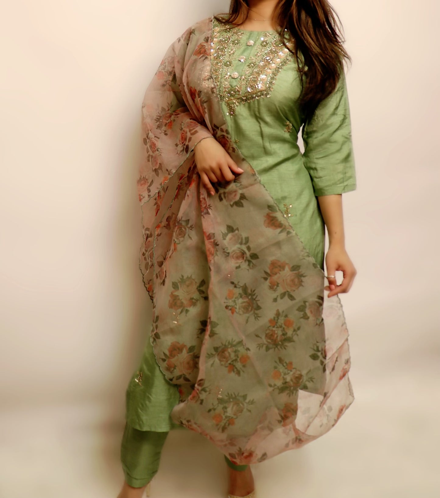 Light olive green suit with organza duppata