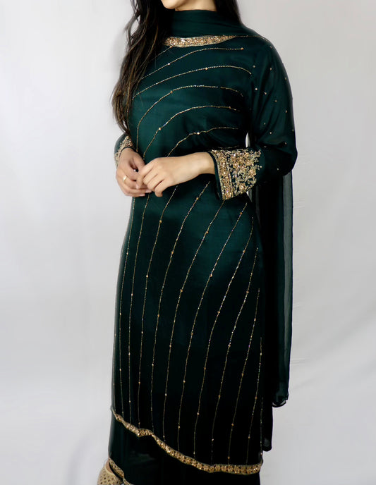 Deep green stone work long kameez suit