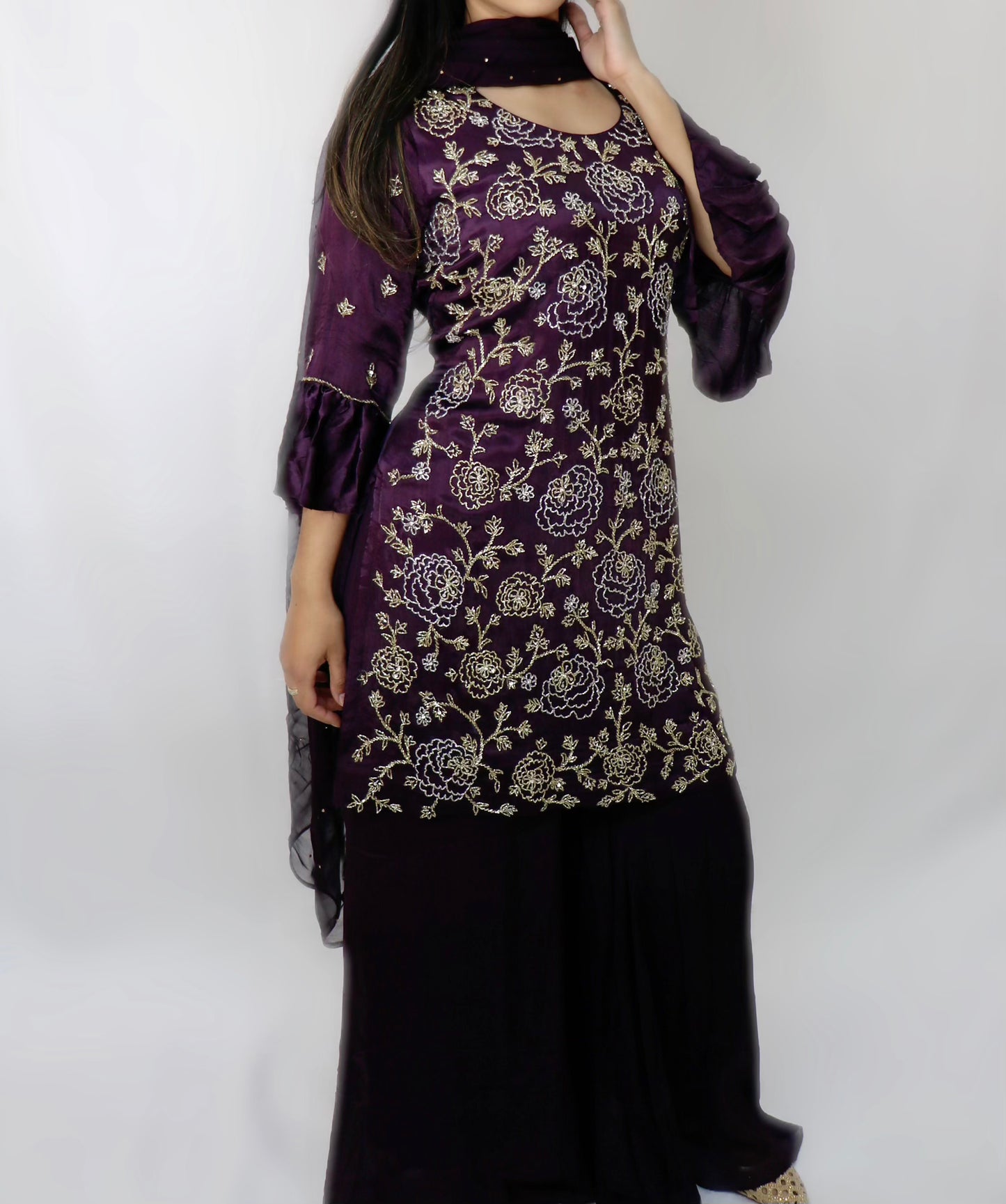 Deep plum all hand bead sharara suit