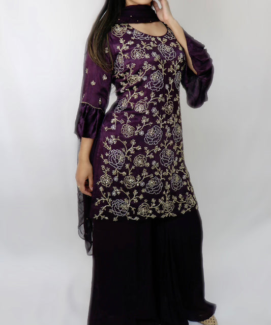 Deep plum all hand bead sharara suit