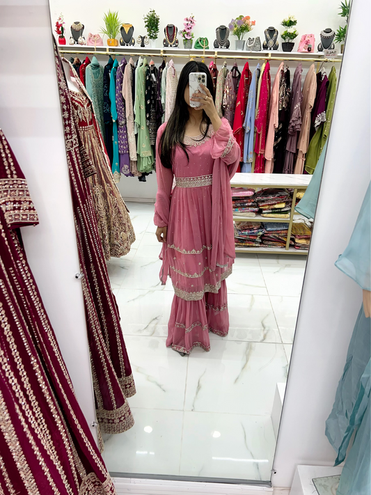 Pink stone work gharara suit