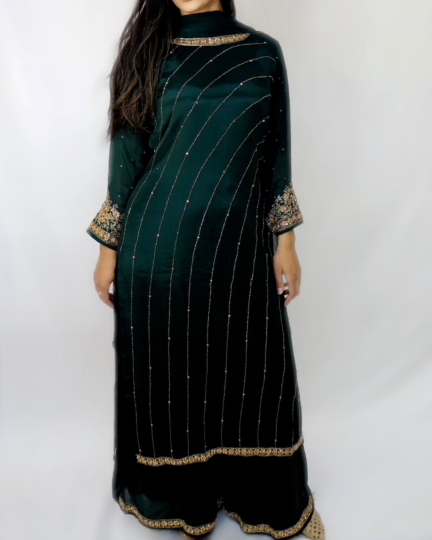 Deep green stone work long kameez suit