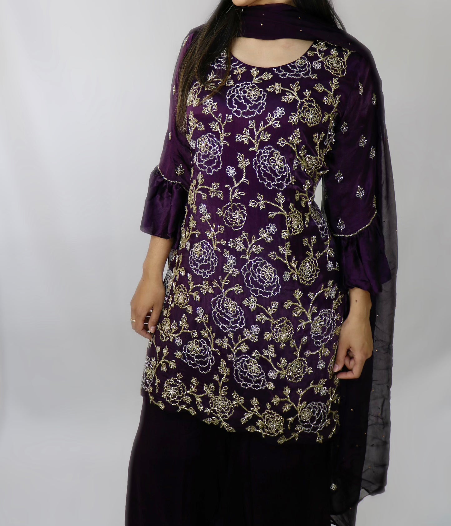 Deep plum all hand bead sharara suit