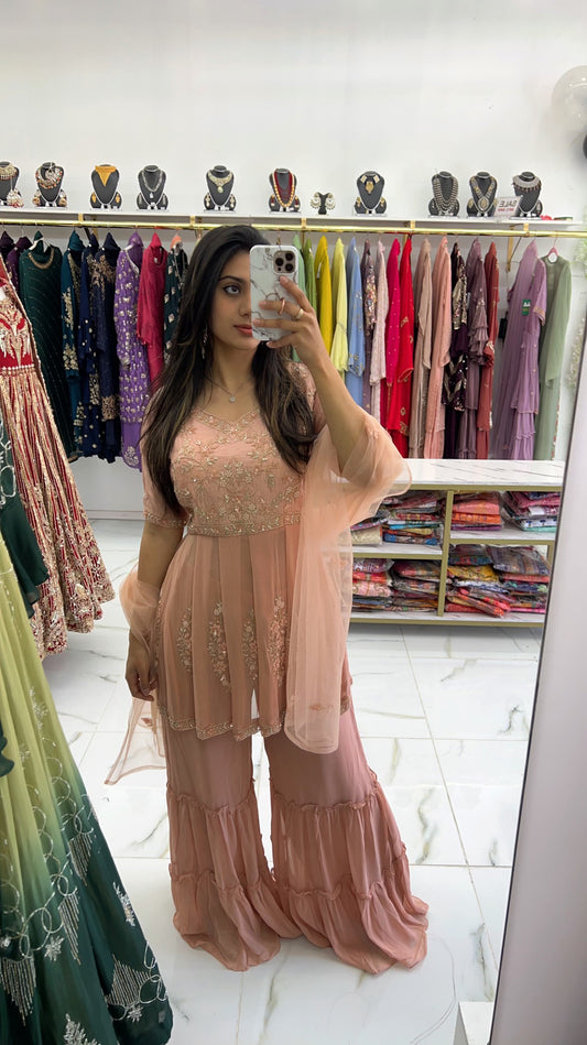 Nude peach layered gharara suit