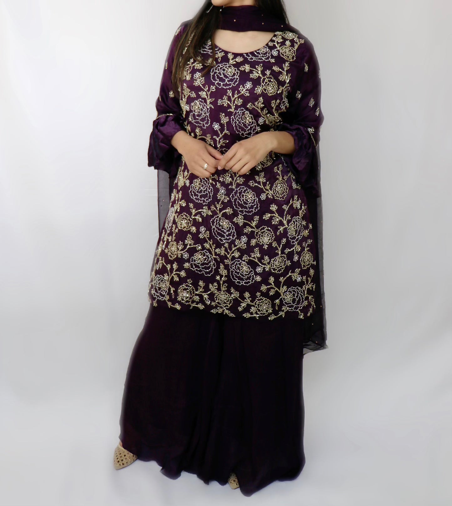 Deep plum all hand bead sharara suit