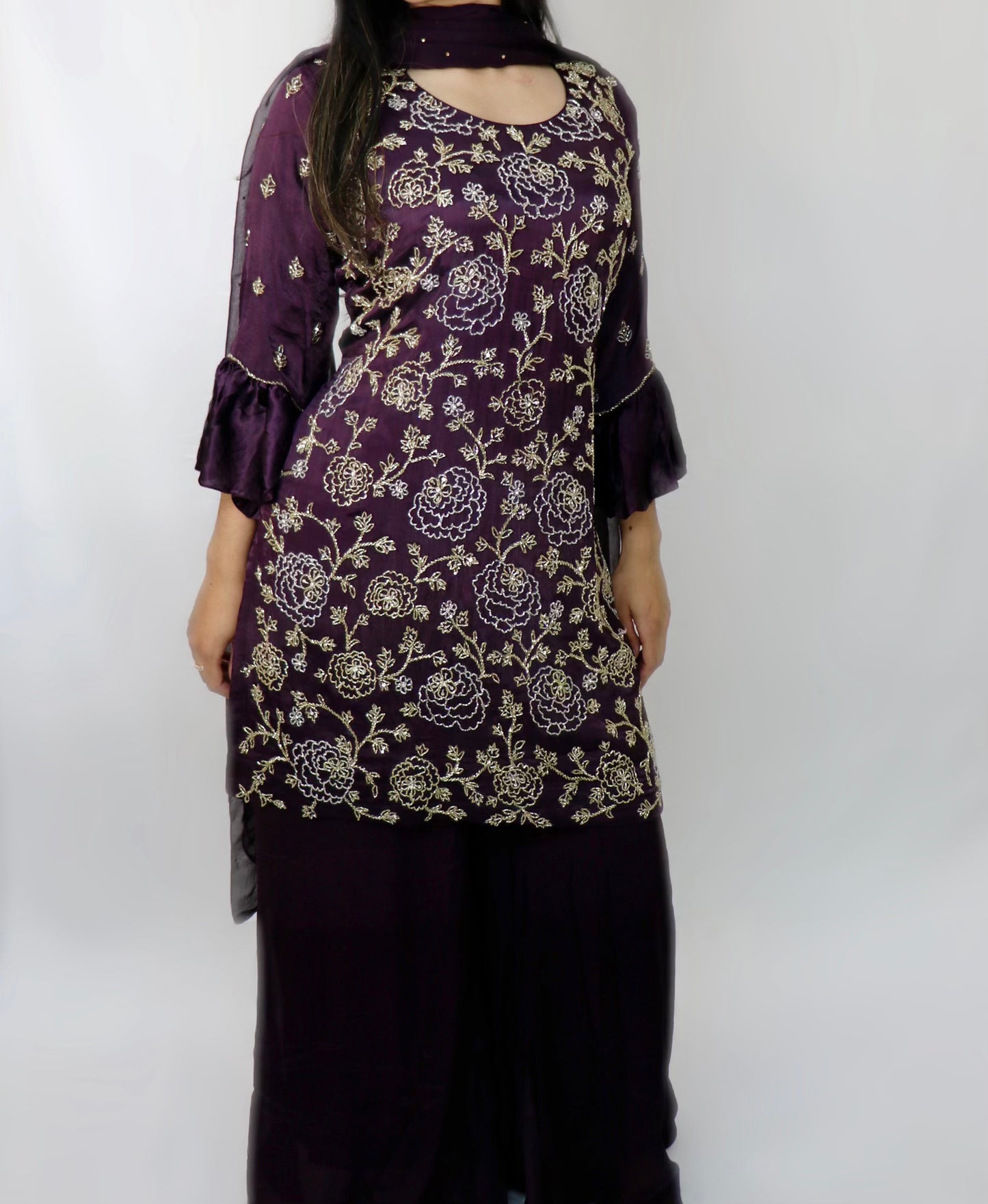 Deep plum all hand bead sharara suit