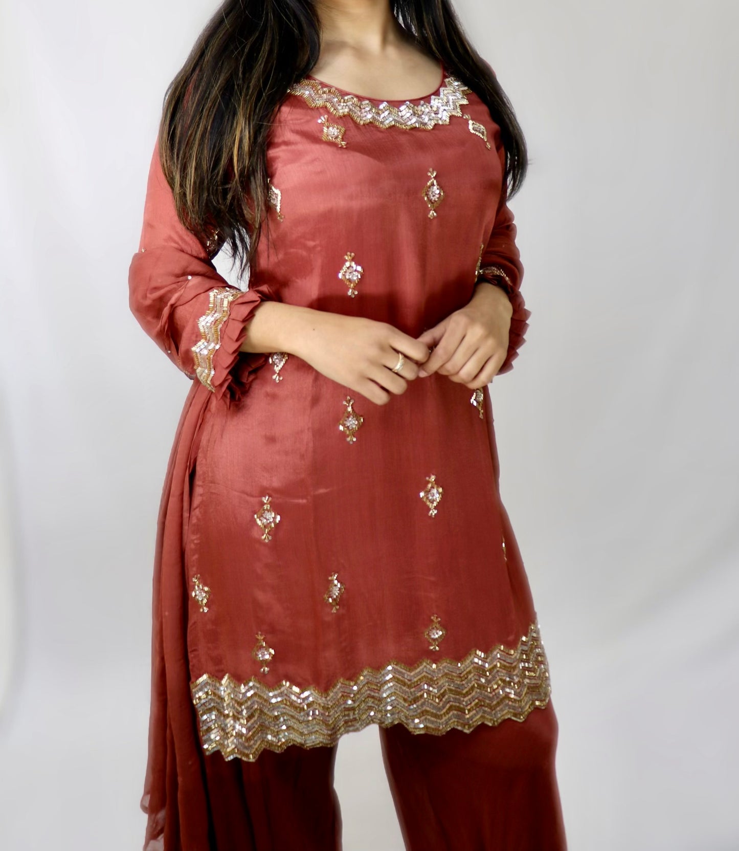 Rust silk with hand bead work suit