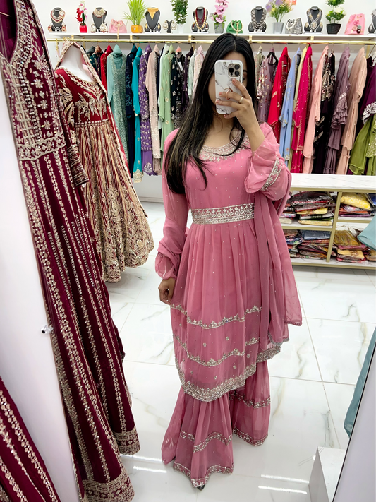 Pink stone work gharara suit