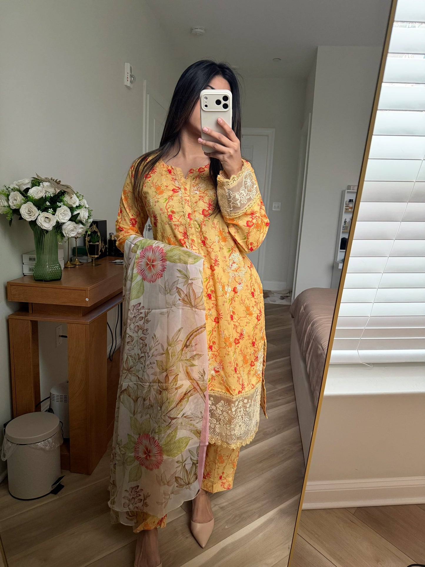 Orange print lawn embroidered suit with chiffon duppata