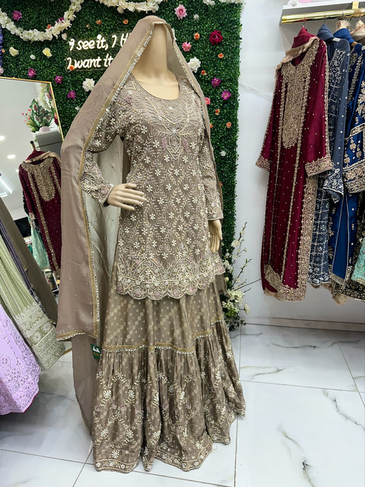 Beige semi bridal farsi lehenga suit