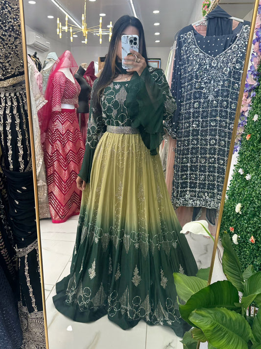 Green two shade belted gown