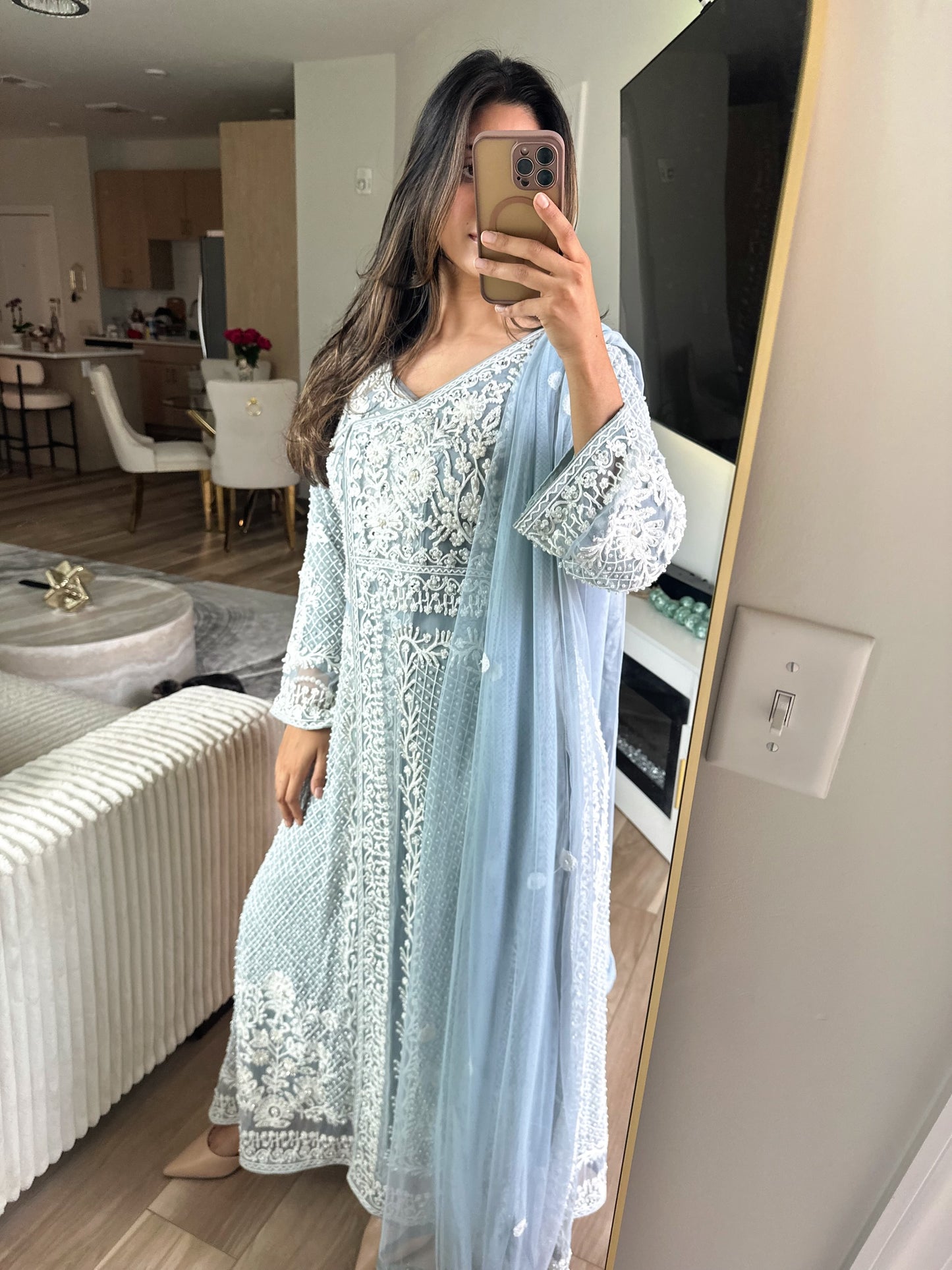 Ice blue angrakha chikankari suit