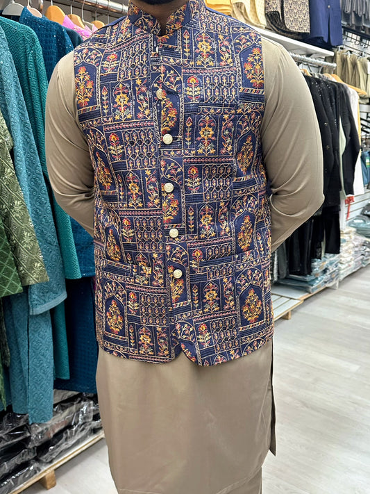 Royal blue multi colored waistcoat