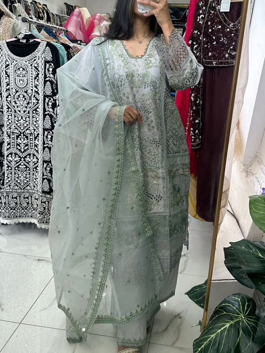 Mint fancy lawn cotton with organza duppata