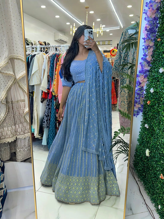 Powder blue brocade Banarasi lehenga
