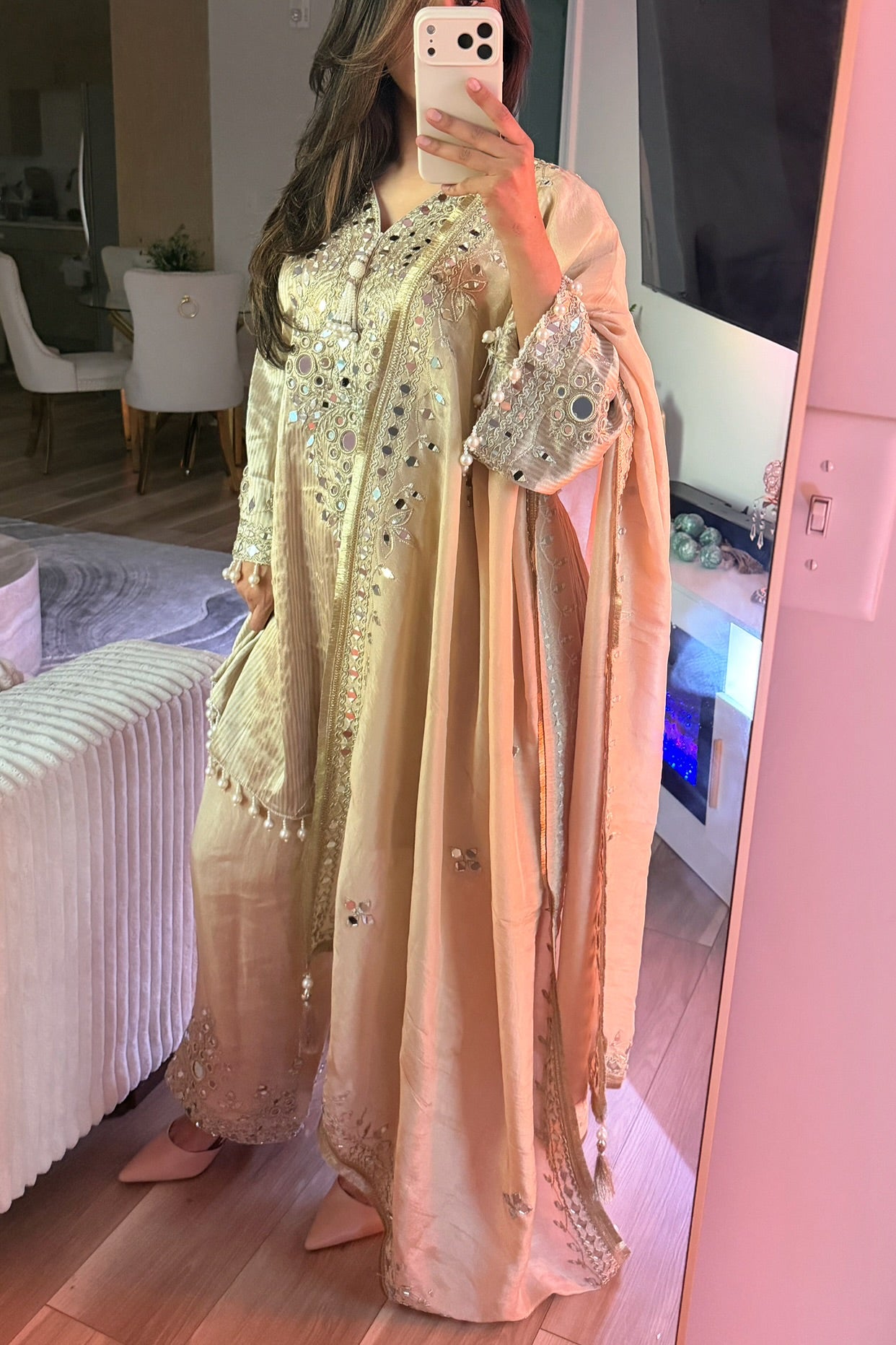 Ivory gold hand work mirror farshi suit
