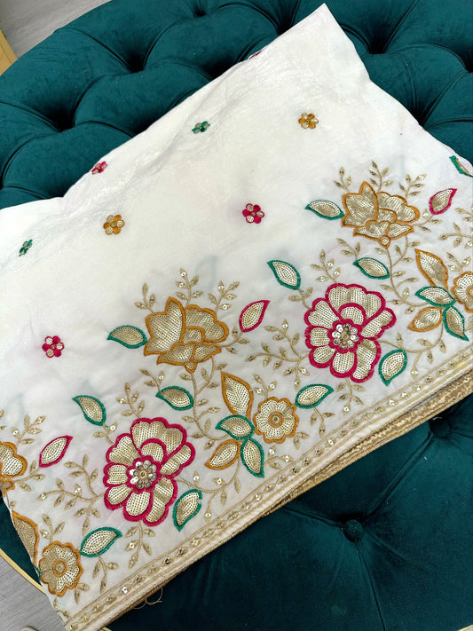 White velvet shawl with embroidery & sequence work