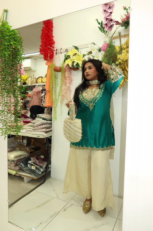 Turkoise silk wide leg suit